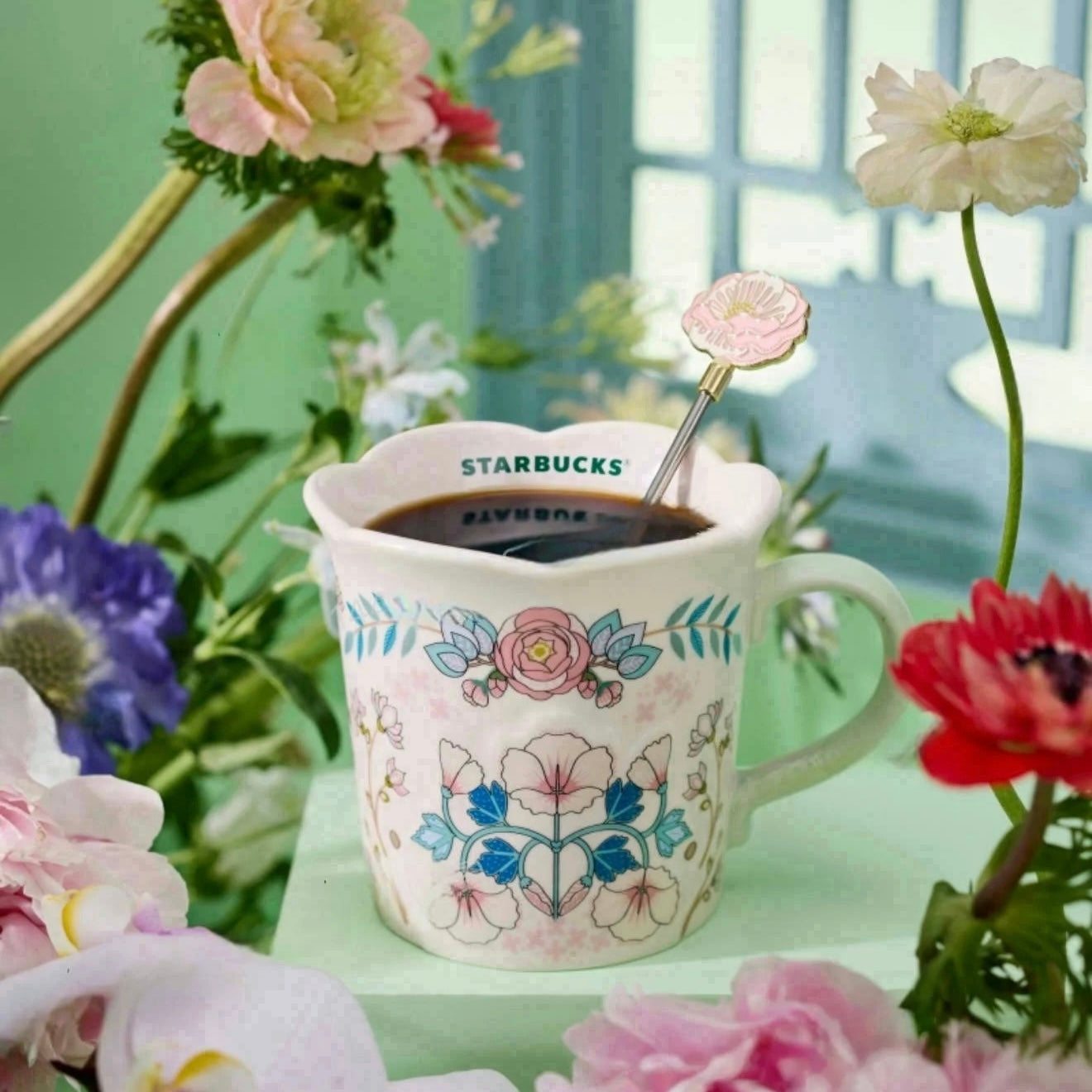 Starbucks China 2025 Spring Flower Series 12oz Ceramic Mug with Stirring Stick (ships mid April)