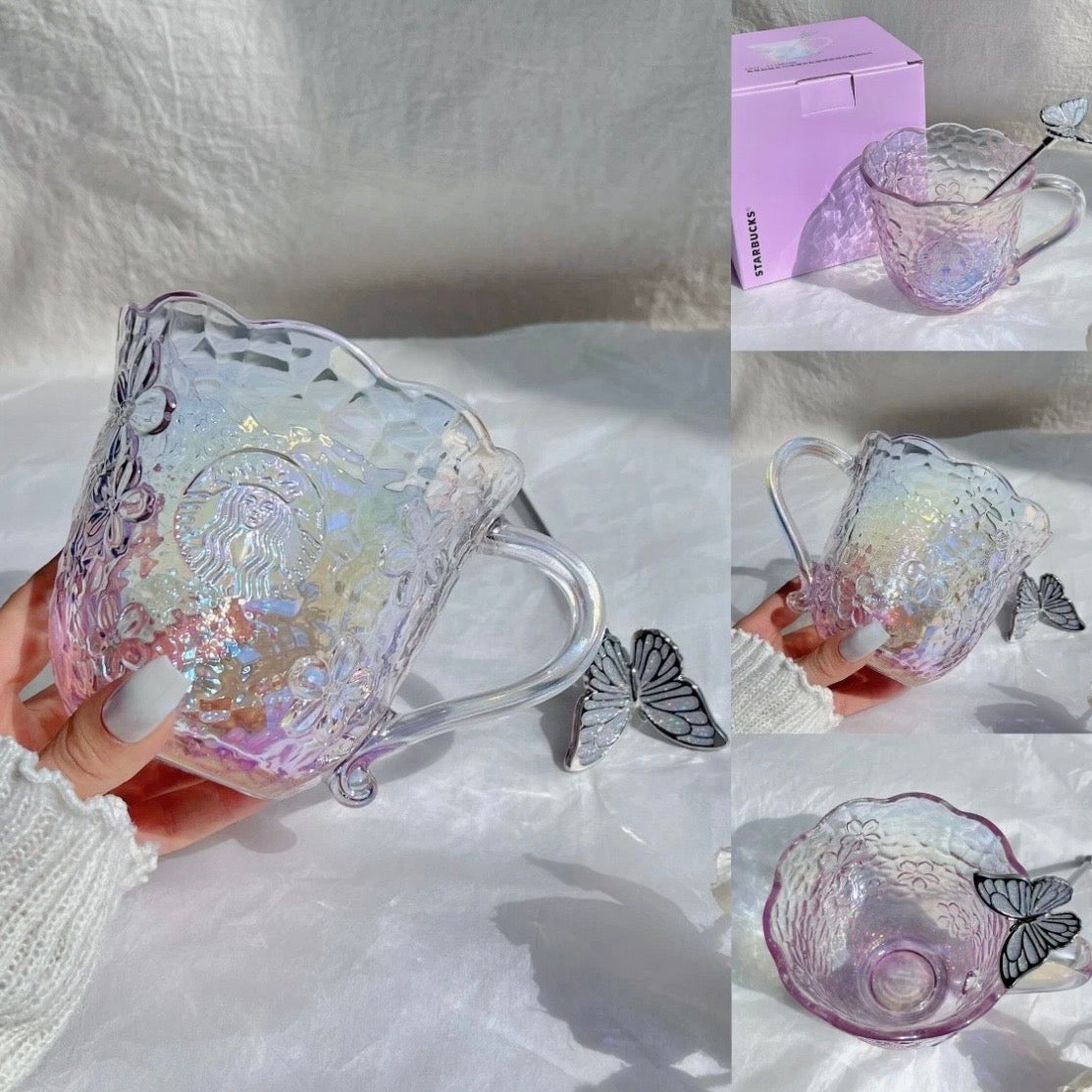 Starbucks China Twilight Sakura Glass Cup 12oz with Butterfly Stirrer (READY TO SHIP)