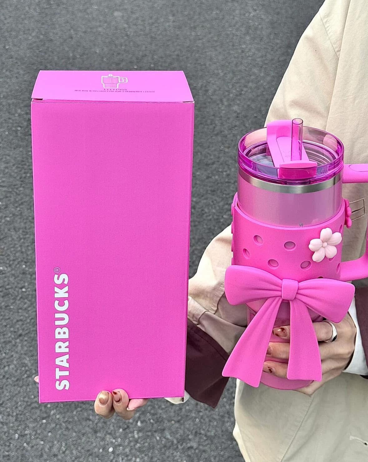 Starbucks China x Stanley 40oz Sakura Glittery Pink with accessories