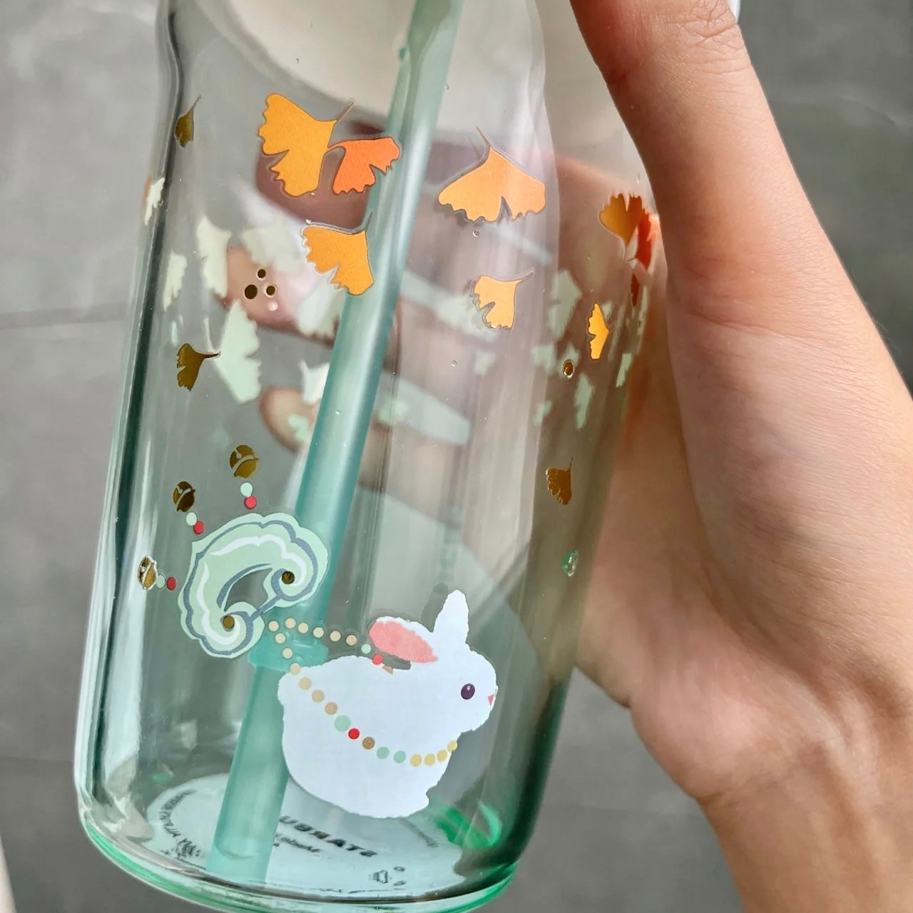 Starbucks China Autumn Leaf Cute Rabbit 16oz Glass Mug With Silicone Lid (READY TO SHIP)