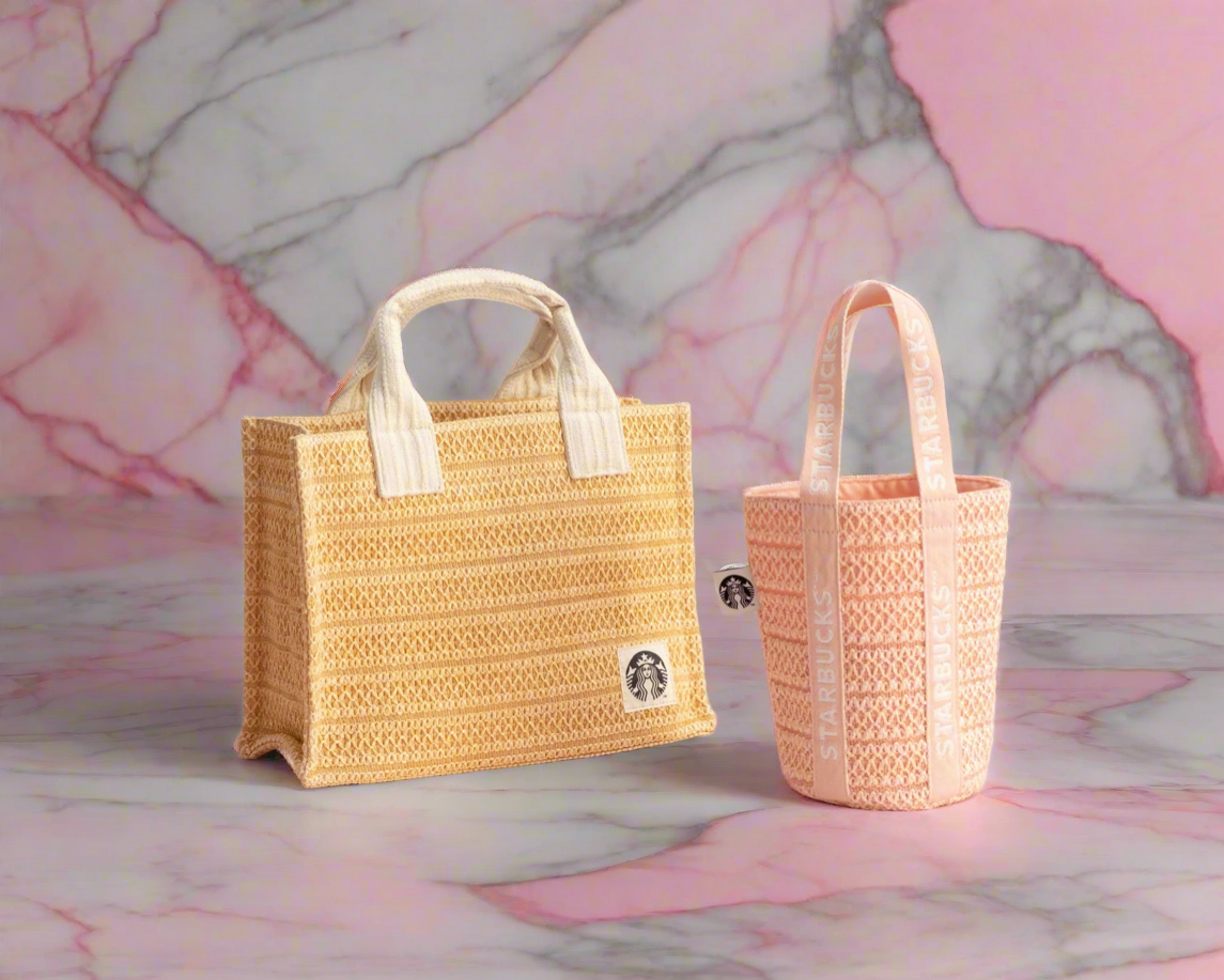 Starbucks Taiwan 2025 Cherry Blossom Collection-Mini Pink Faux Straw Woven Tumbler Bag (Ships Late March)