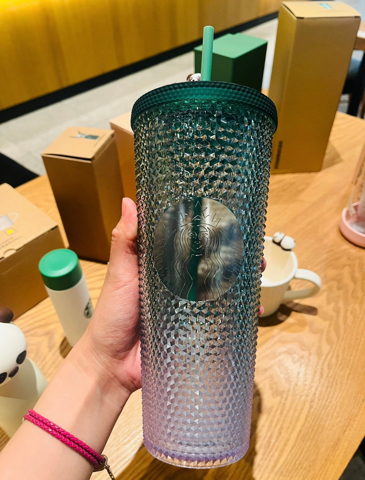 Starbucks China Exclusive Bamboo Green Gradient Studded Tumbler with Panda Straw Topper 🎋🐼