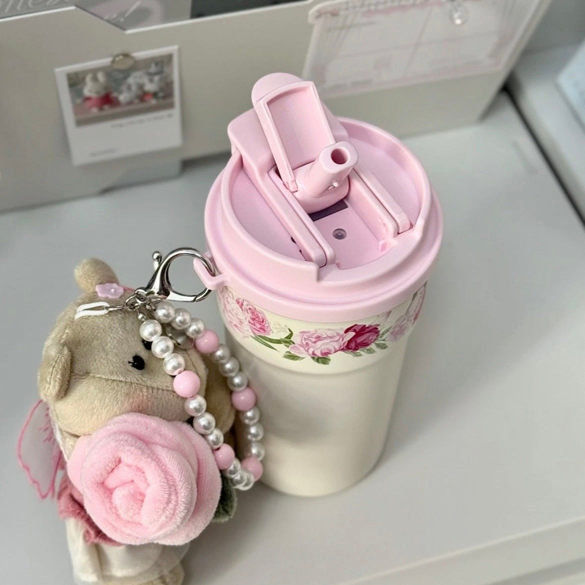 Starbucks China Rose Dual-Sip Tumbler 15oz with Rose Bouquet Bear Charm (READY TO SHIP)