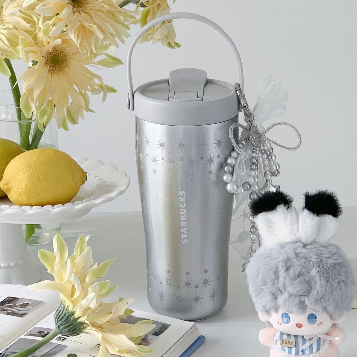 Starbucks China Violet Night Galaxy 21oz Sparkling Lace Silver Handle Stainless Steel Cup