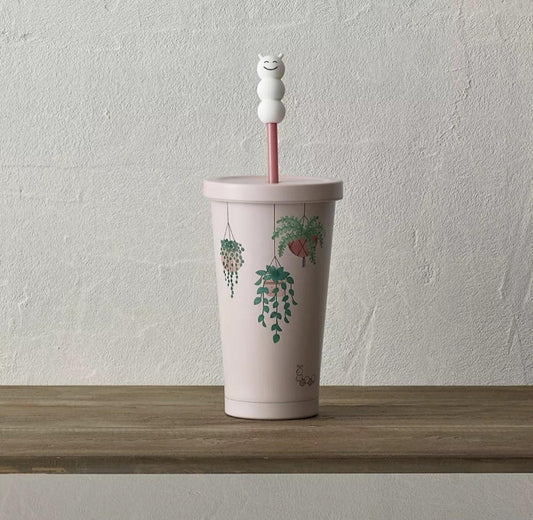 Starbucks Asia Exclusive Hanging Plants + Caterpillar Straw Cover 18oz Pink Stainless Steel Tumbler