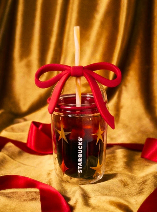Starbucks China 2025 Holiday 14oz Red Bow Double Wall Glass Cold Cup (READY TO SHIP)