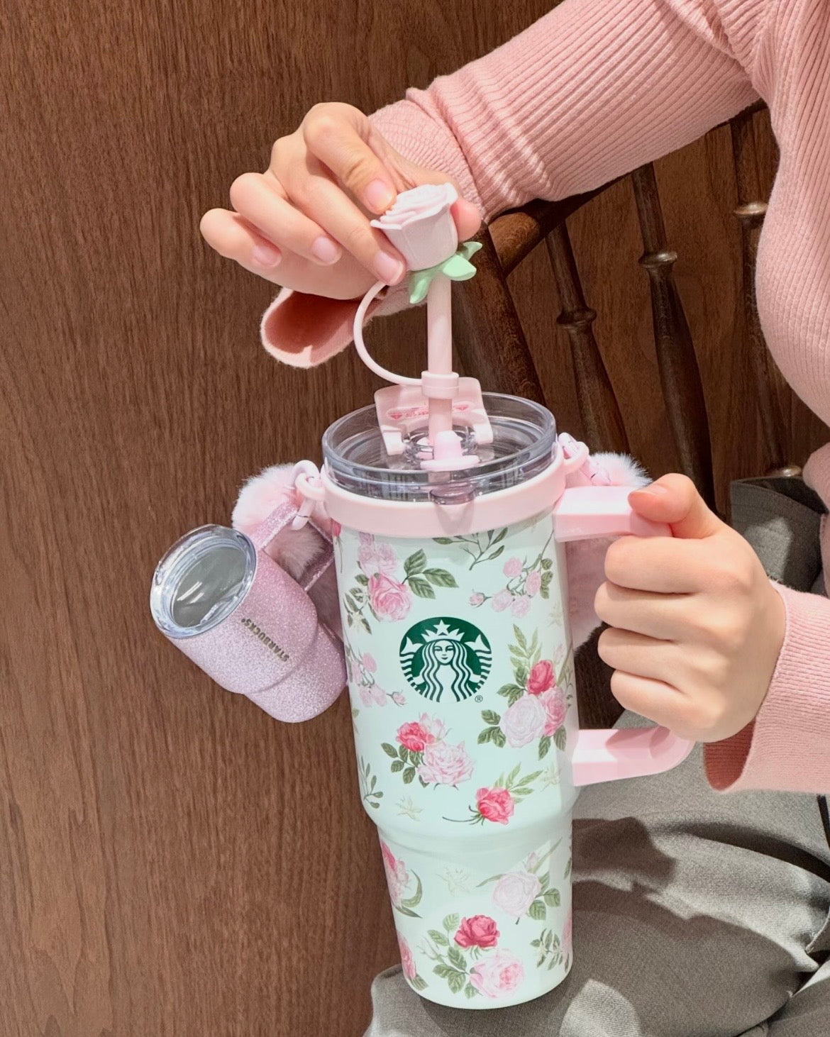Starbucks China Rose GardenSeries Stainless Steel Cup 31oz with Dual-Opening Lid & Cup Charm
