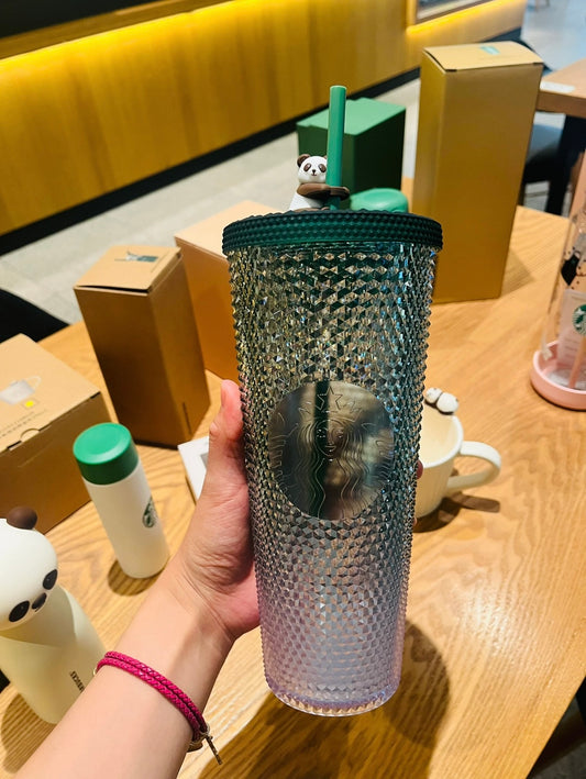 Starbucks China Exclusive Bamboo Green Gradient Studded Tumbler with Panda Straw Topper 🎋🐼