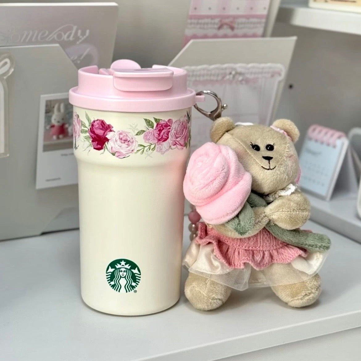 Starbucks China Rose Dual-Sip Tumbler 15oz with Rose Bouquet Bear Charm (READY TO SHIP)