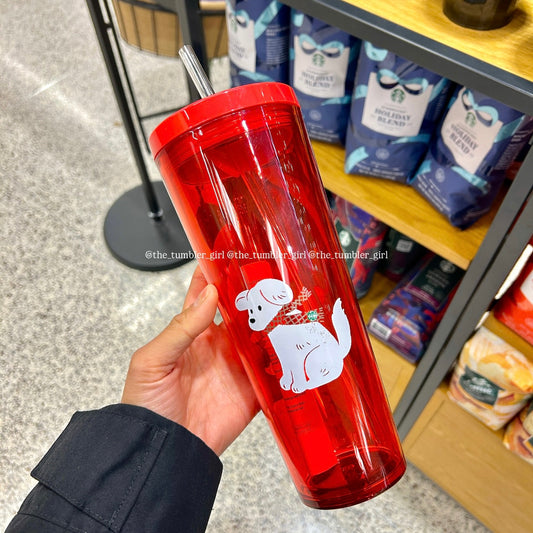 Starbucks Red Holiday with White Puppy Plastic Cold Cup Tumbler (READY TO SHIP)