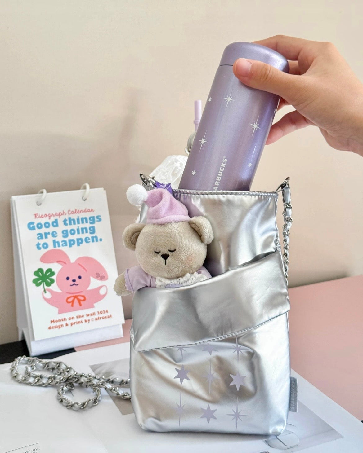 Starbucks China Violet Night Galaxy 7oz Stainless Steel Bottle With Bag and Bear Plushie