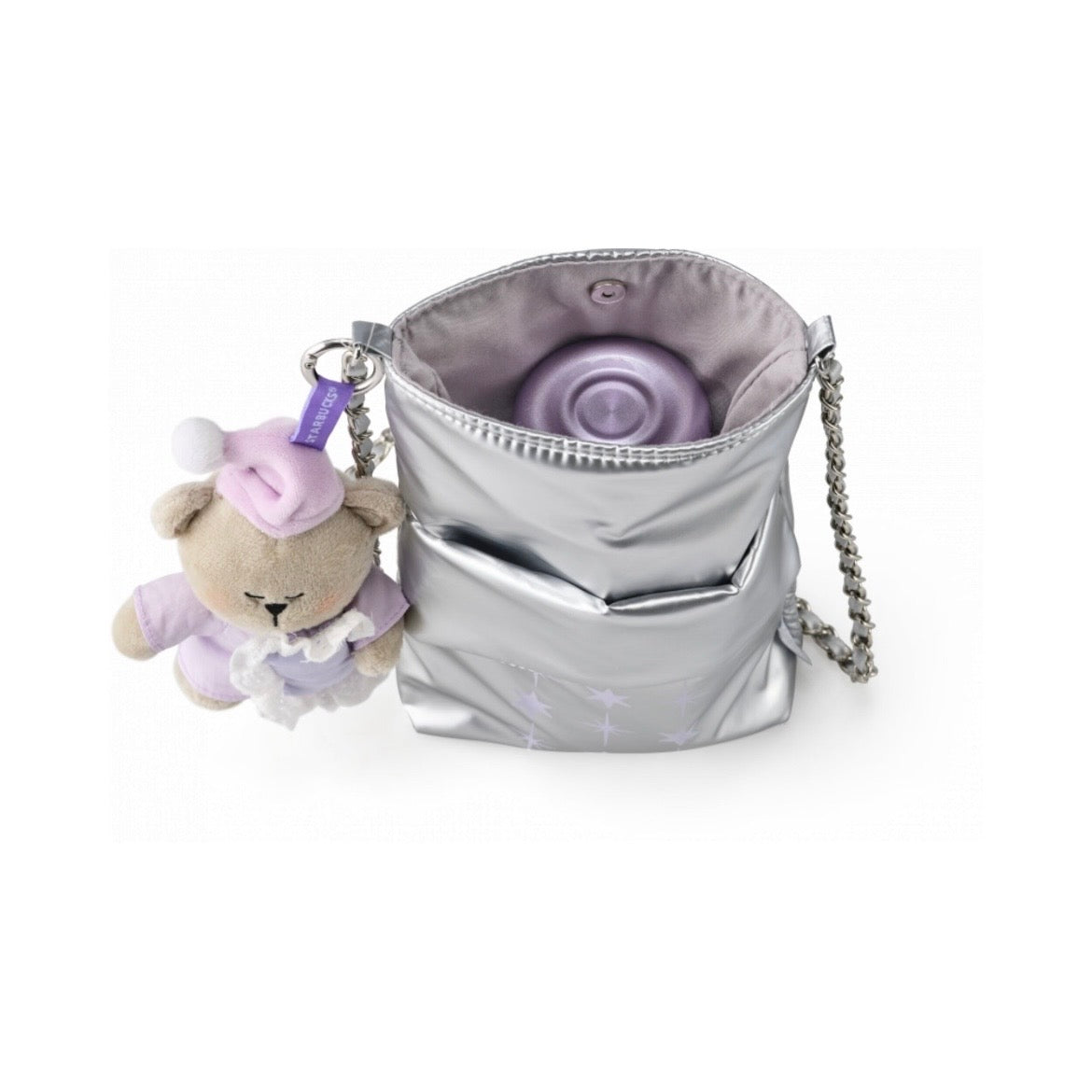 Starbucks China Violet Night Galaxy 7oz Stainless Steel Bottle With Bag and Bear Plushie