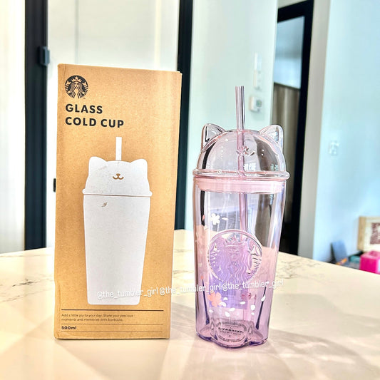 Starbucks korea Exclusive Sakura Cat Glass Cold Cup 16.9oz (READY TO SHIP)