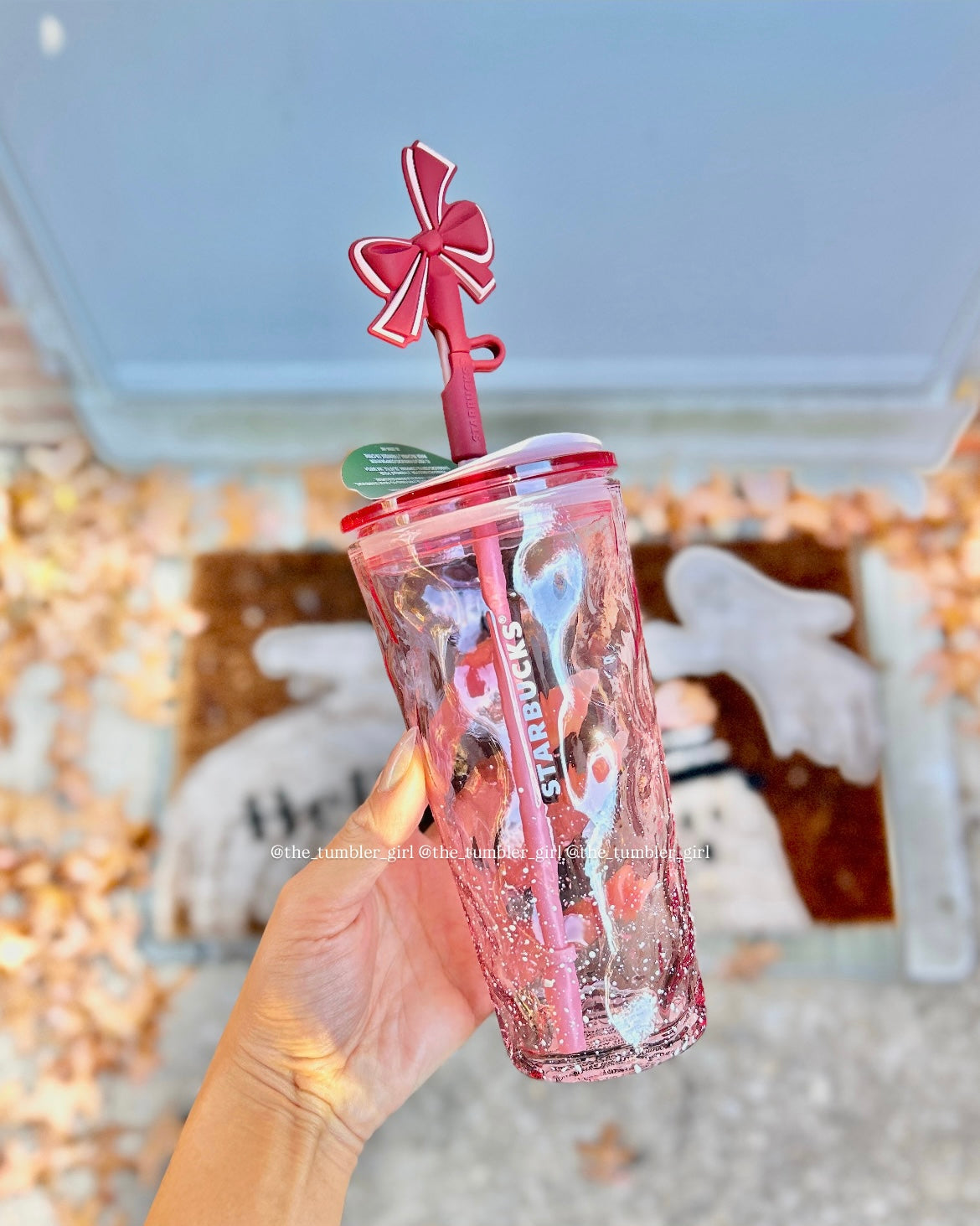 Starbucks Holiday Pink Snow Glass Tumbler with Bow Topper 18oz (READY TO SHIP)
