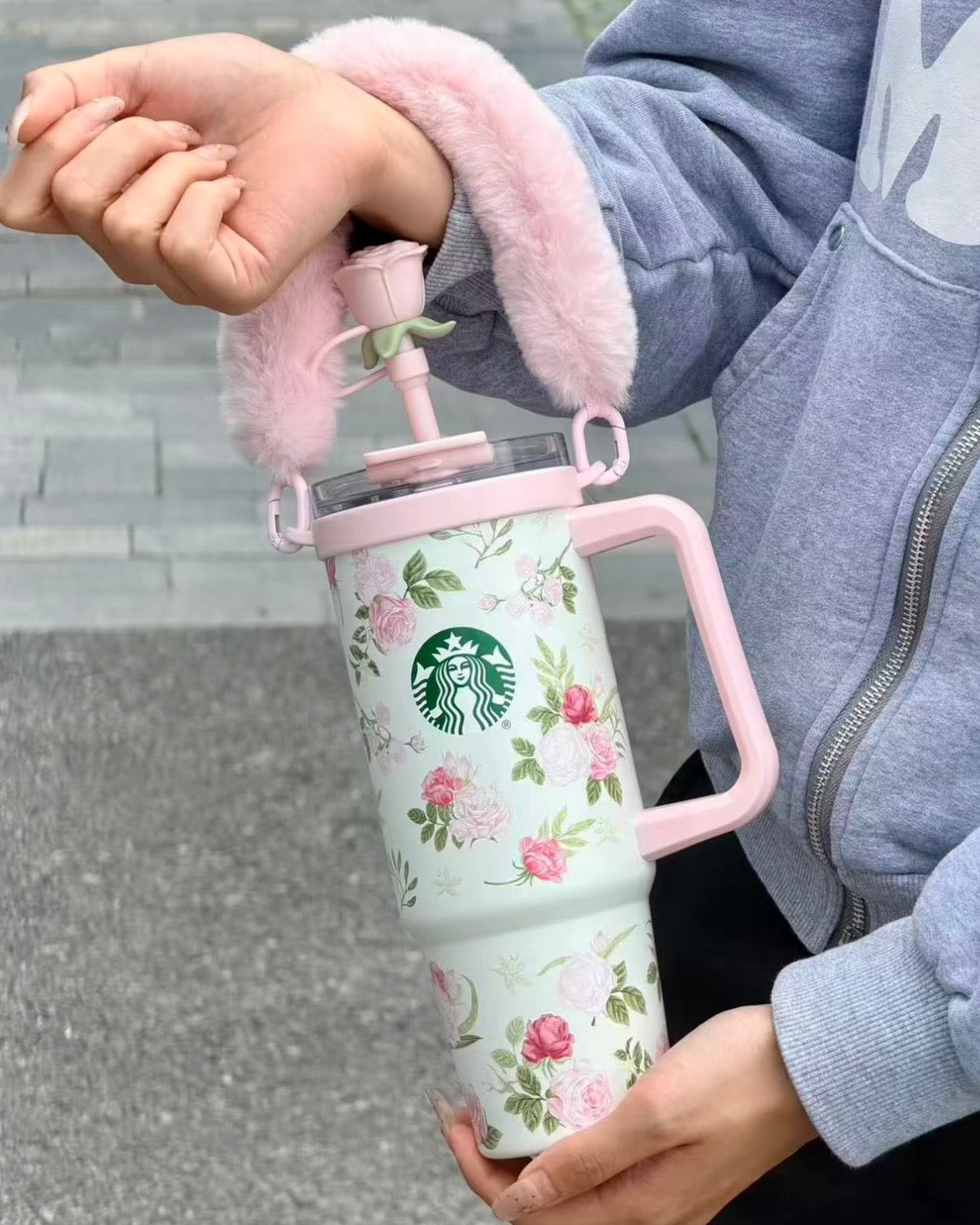Starbucks China Rose GardenSeries Stainless Steel Cup 31oz with Dual-Opening Lid & Cup Charm