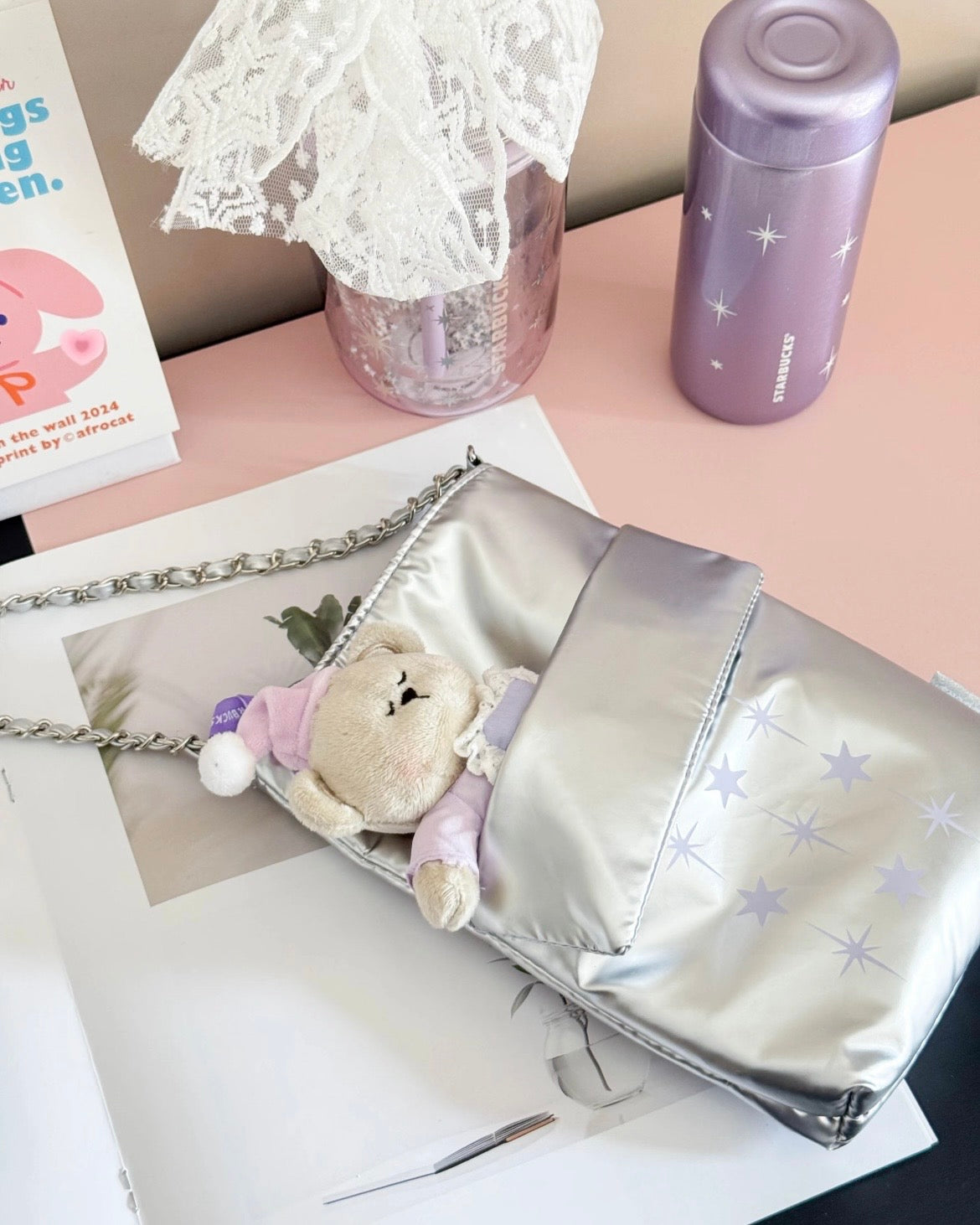 Starbucks China Violet Night Galaxy 7oz Stainless Steel Bottle With Bag and Bear Plushie