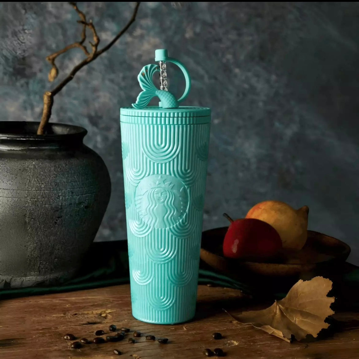 Starbucks China 25th Anniversary 24oz Tiffany Blue Scale Tumbler (with mermaid tail straw cover)