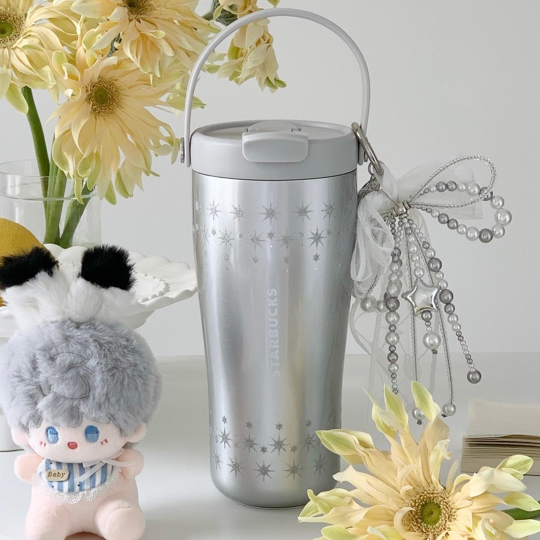 Starbucks China Violet Night Galaxy 21oz Sparkling Lace Silver Handle Stainless Steel Cup