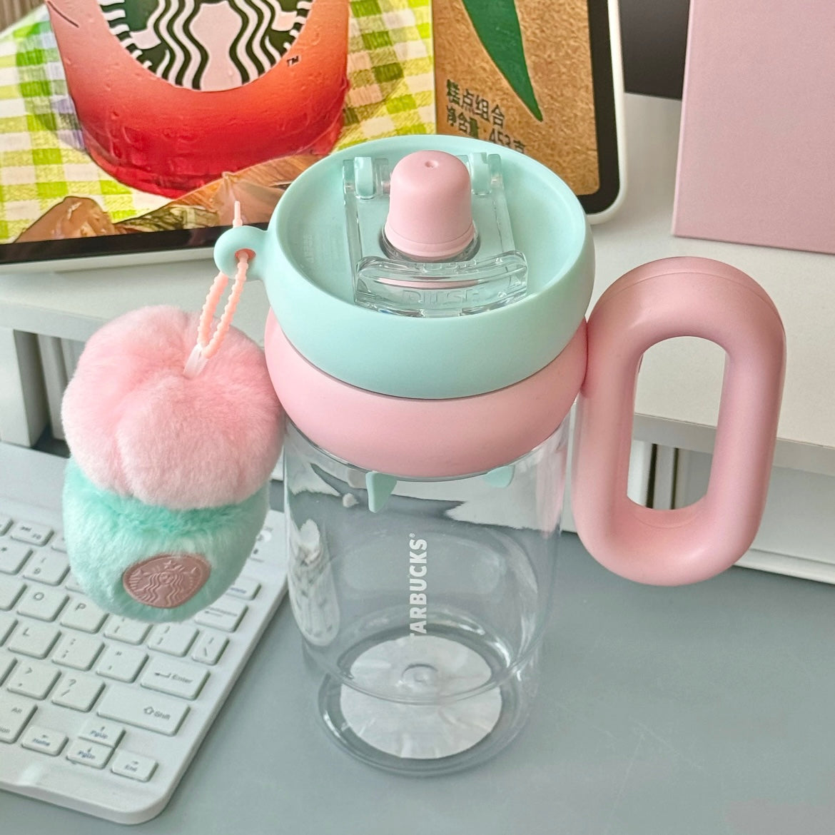 Starbucks China Summer Succulent 32oz Plastic Straw Cup With Keychain Charm