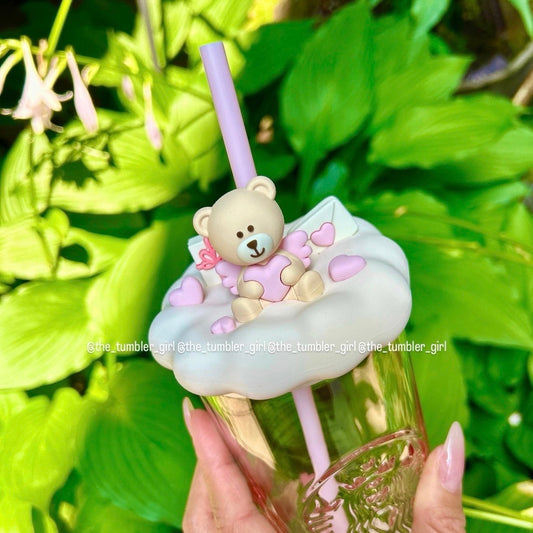 2025 China Exclusive 17oz Bear Love Heart-Shaped Bottom Pink Glass Cold Cup (READY TO SHIP)