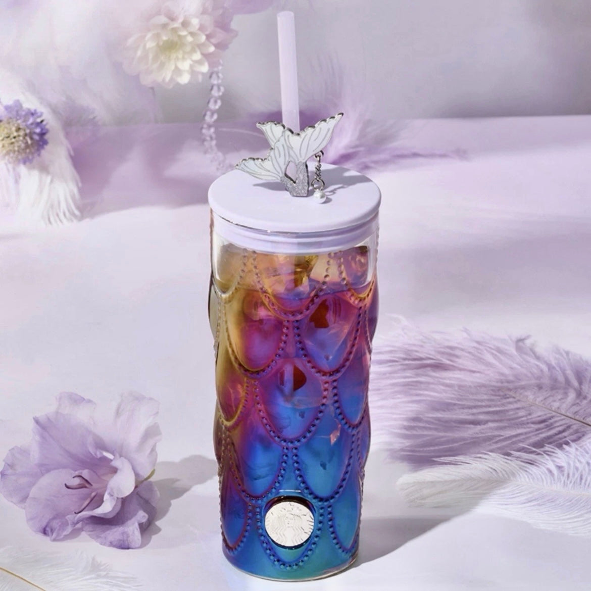 Starbucks China 19oz Fantasy Purple Scale Glass Cup with Mermaid Topper (READY TO SHIP)