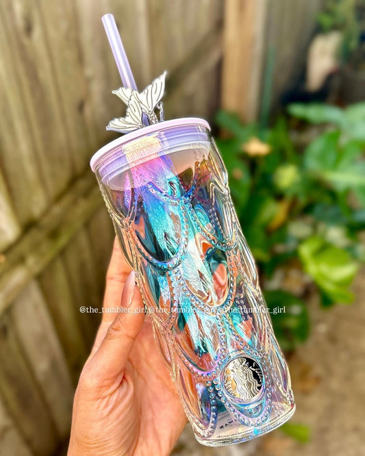 2025 China Exclusive 19oz Summer Fantasy Purple Scales Glass Cold Cup With Mermaid Topper (READY TO SHIP)