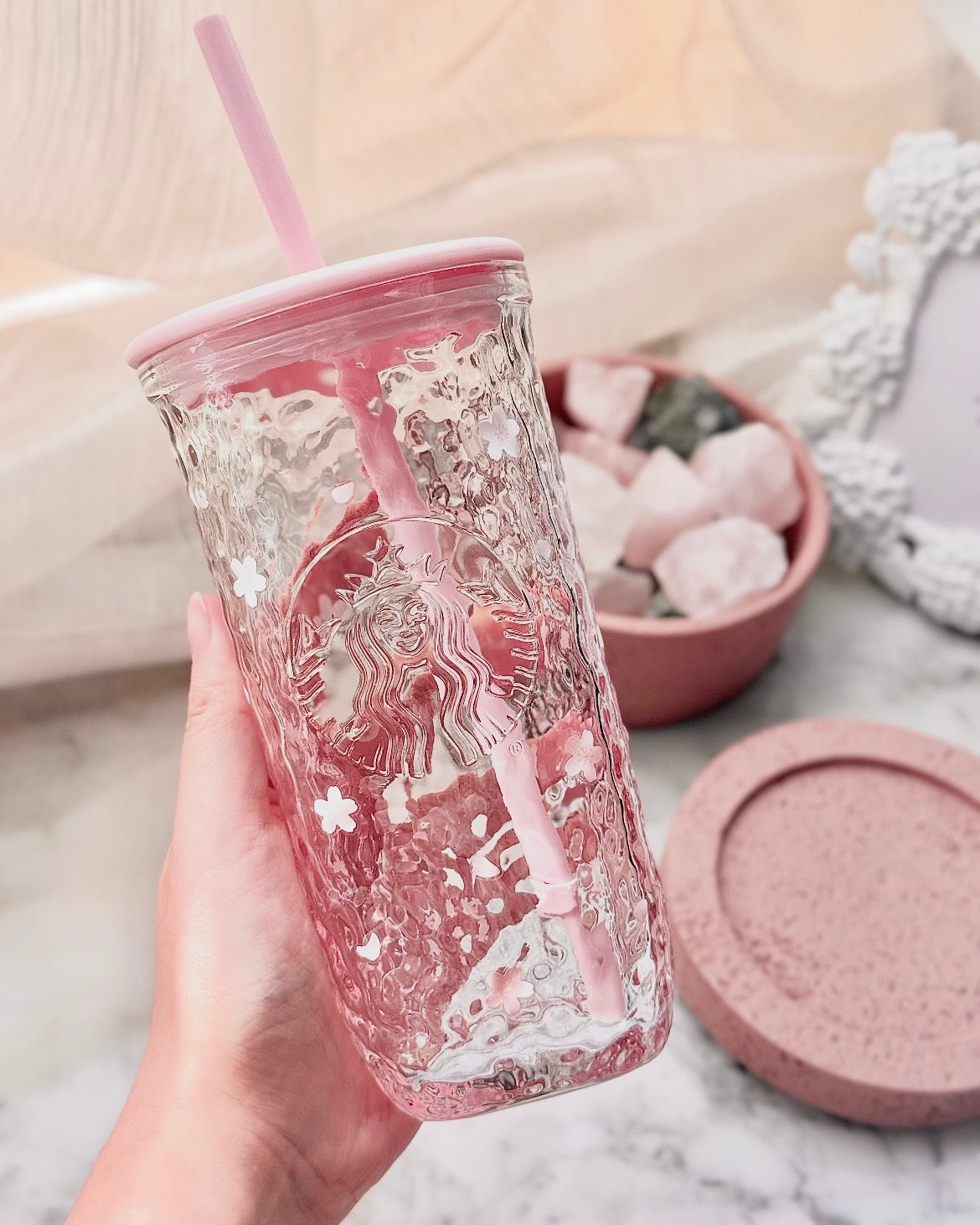 Starbucks Asia Exclusive Sakura Cherry Blossom Triangle Glass Cold Cup 16oz  (READY TO SHIP)