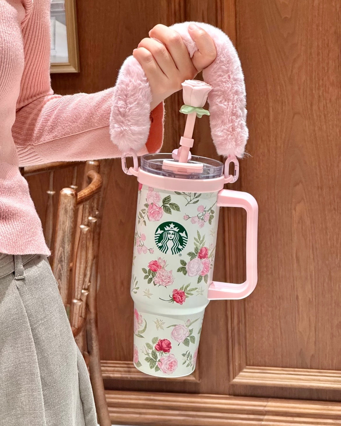 Starbucks China Rose GardenSeries Stainless Steel Cup 31oz with Dual-Opening Lid & Cup Charm