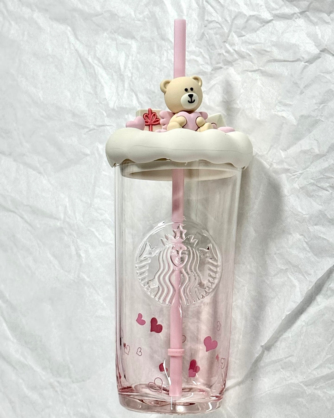 Starbucks China 16oz Heart-Shaped Bottom Pink Glass Cold Cup (READY TO SHIP)