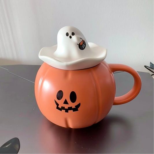 Starbucks China Halloween 12oz Pumpkin Ceramic Mug With Ghost Lid