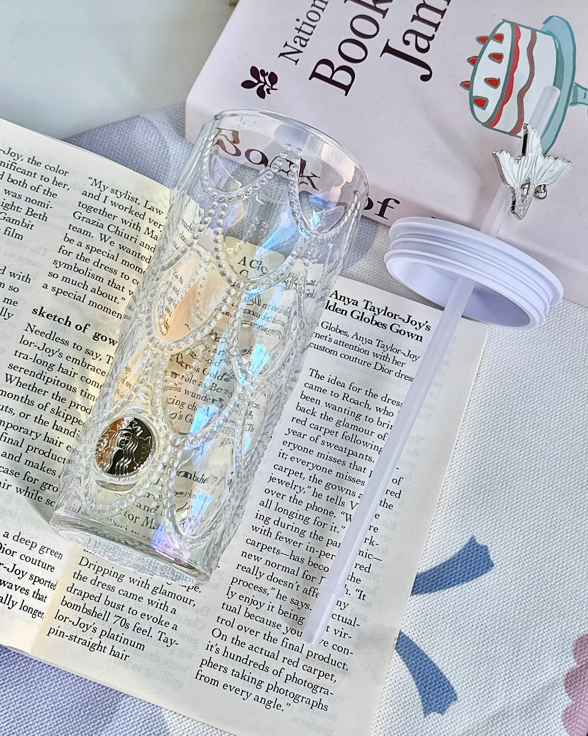 Starbucks China 19oz Fantasy Purple Scale Glass Cup with Mermaid Topper