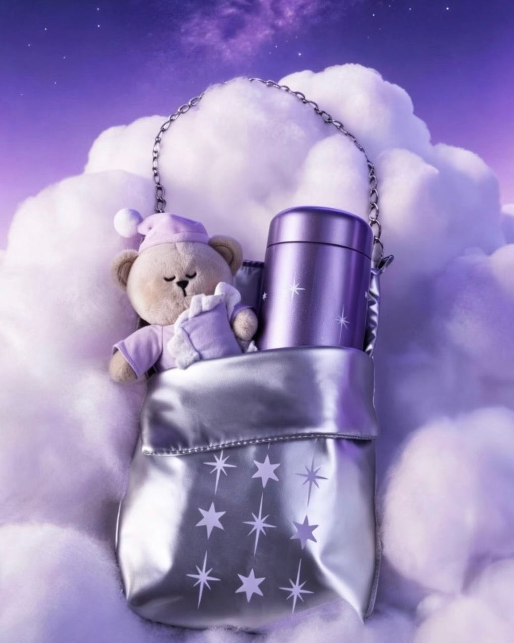 Starbucks China Violet Night Galaxy 7oz Stainless Steel Bottle With Bag and Bear Plushie