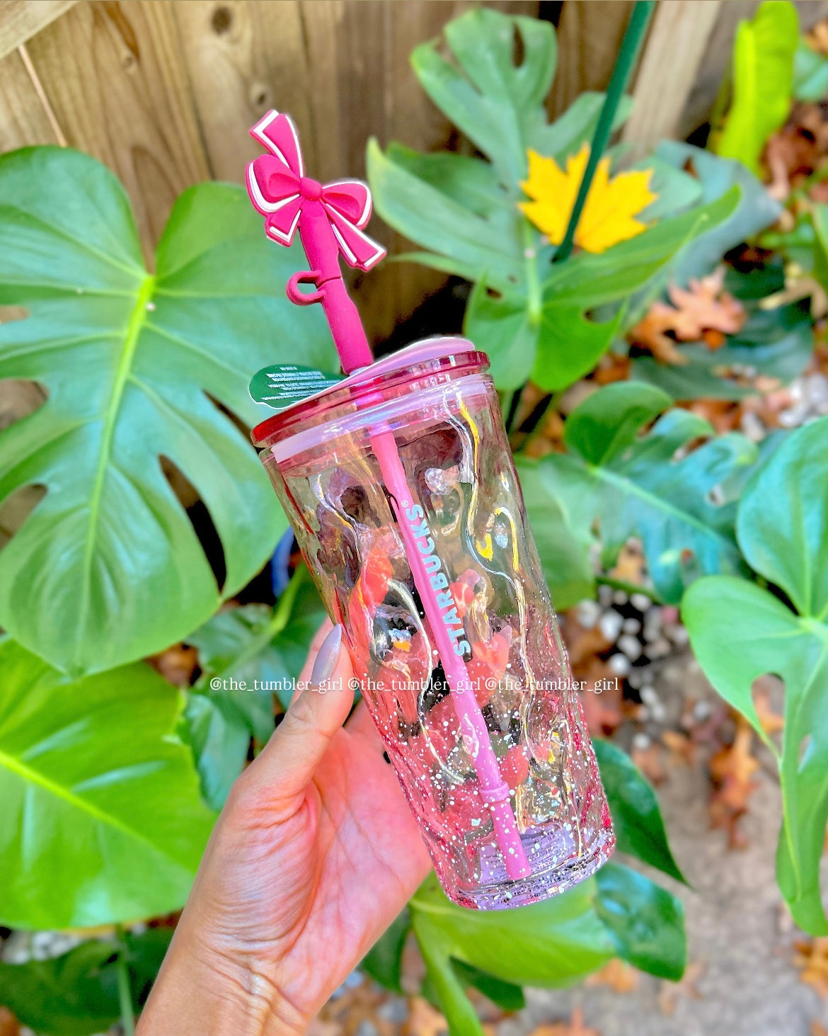 Starbucks Holiday Pink Snow Glass Tumbler with Bow Topper 18oz (READY TO SHIP)