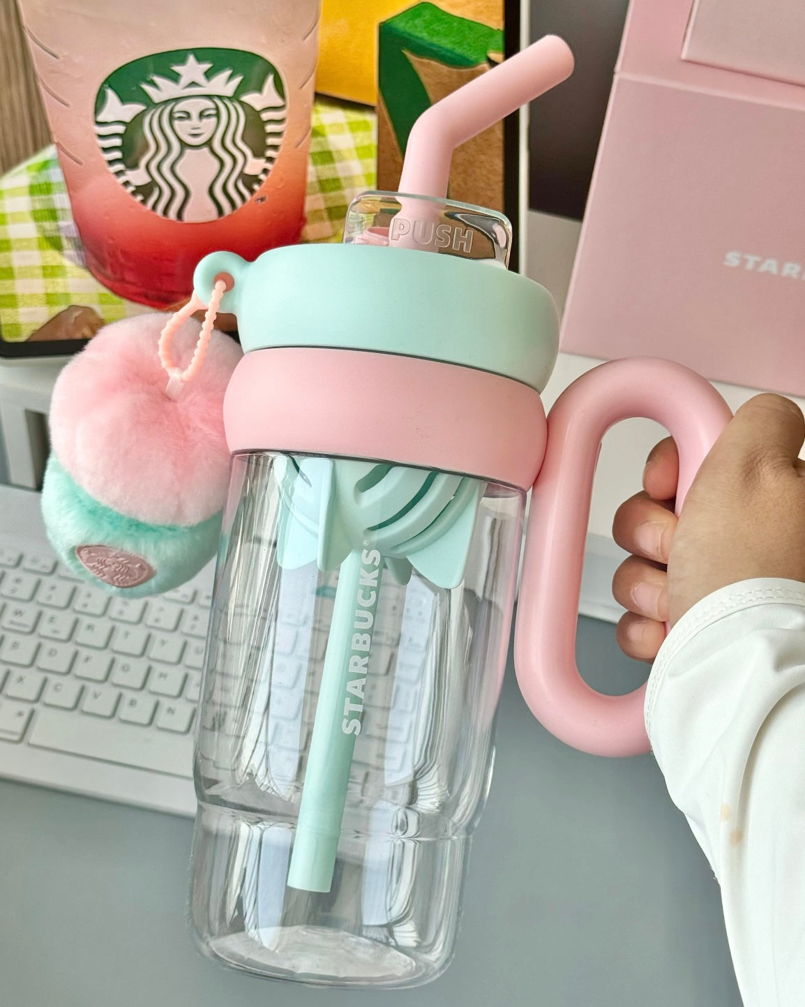Starbucks China Summer Succulent 32oz Plastic Straw Cup With Keychain Charm