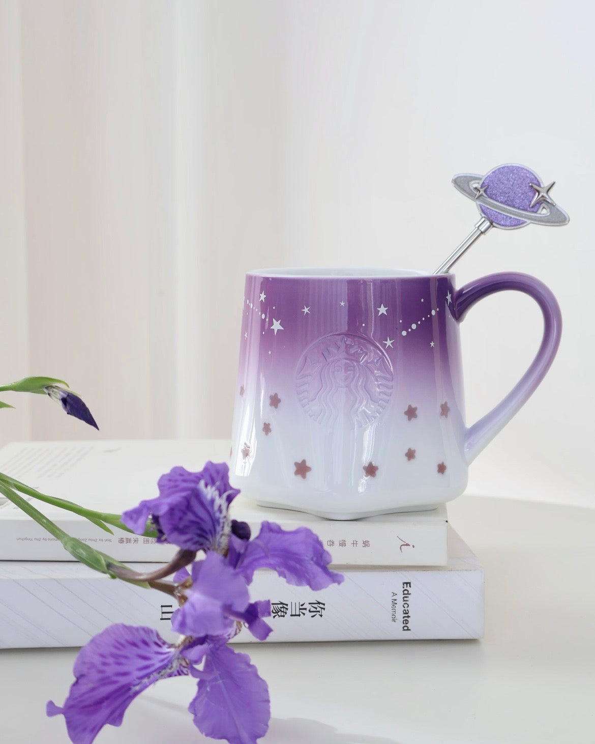 Starbucks China Violet Night Galaxy Jingdezhen Fine Porcelain Mug 12.5oz with Stirrer