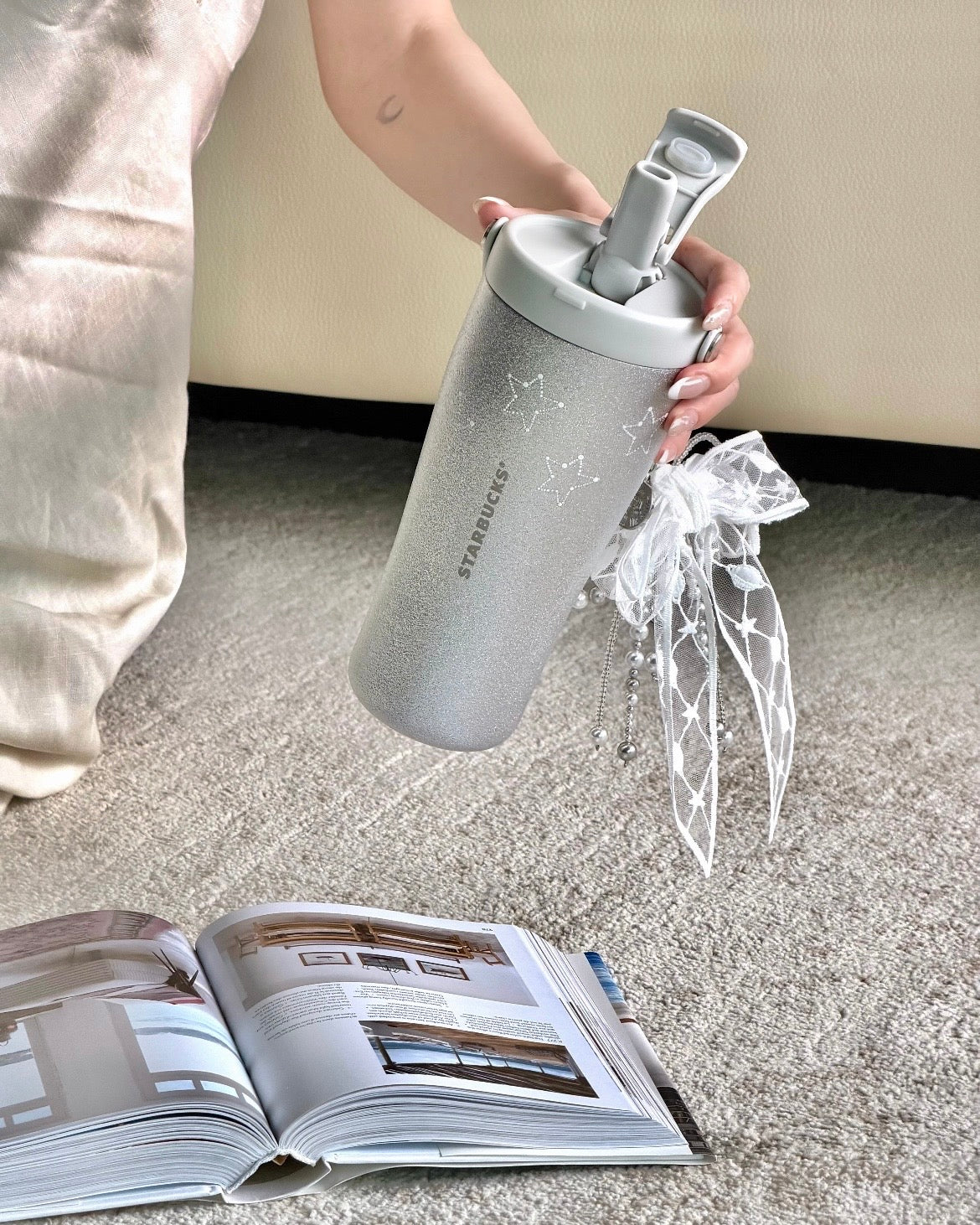 Starbucks China Violet Night Galaxy 21oz Fine Glitter Lace Silver Handle Stainless Steel Cup