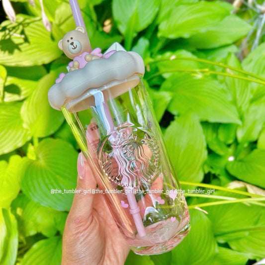 2025 China Exclusive 17oz Bear Love Heart-Shaped Bottom Pink Glass Cold Cup (READY TO SHIP)