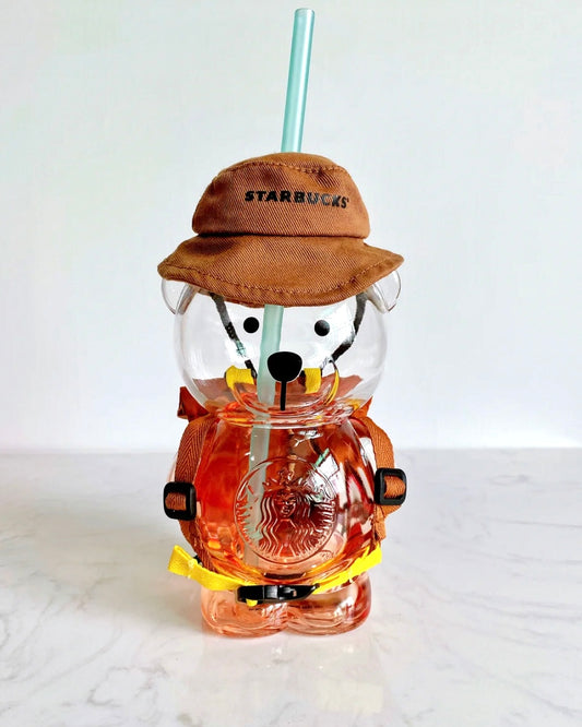 RARE! Starbucks China 2021 Camp Bear With Hat And Bag 14oz Glass Cup Tumbler