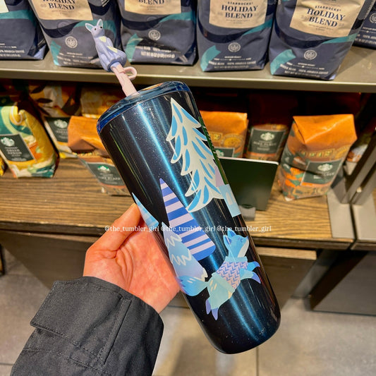 Starbucks Christmas Glittery Blue Fox Stainless Steel Cold Cup Tumbler 24oz (READY TO SHIP)