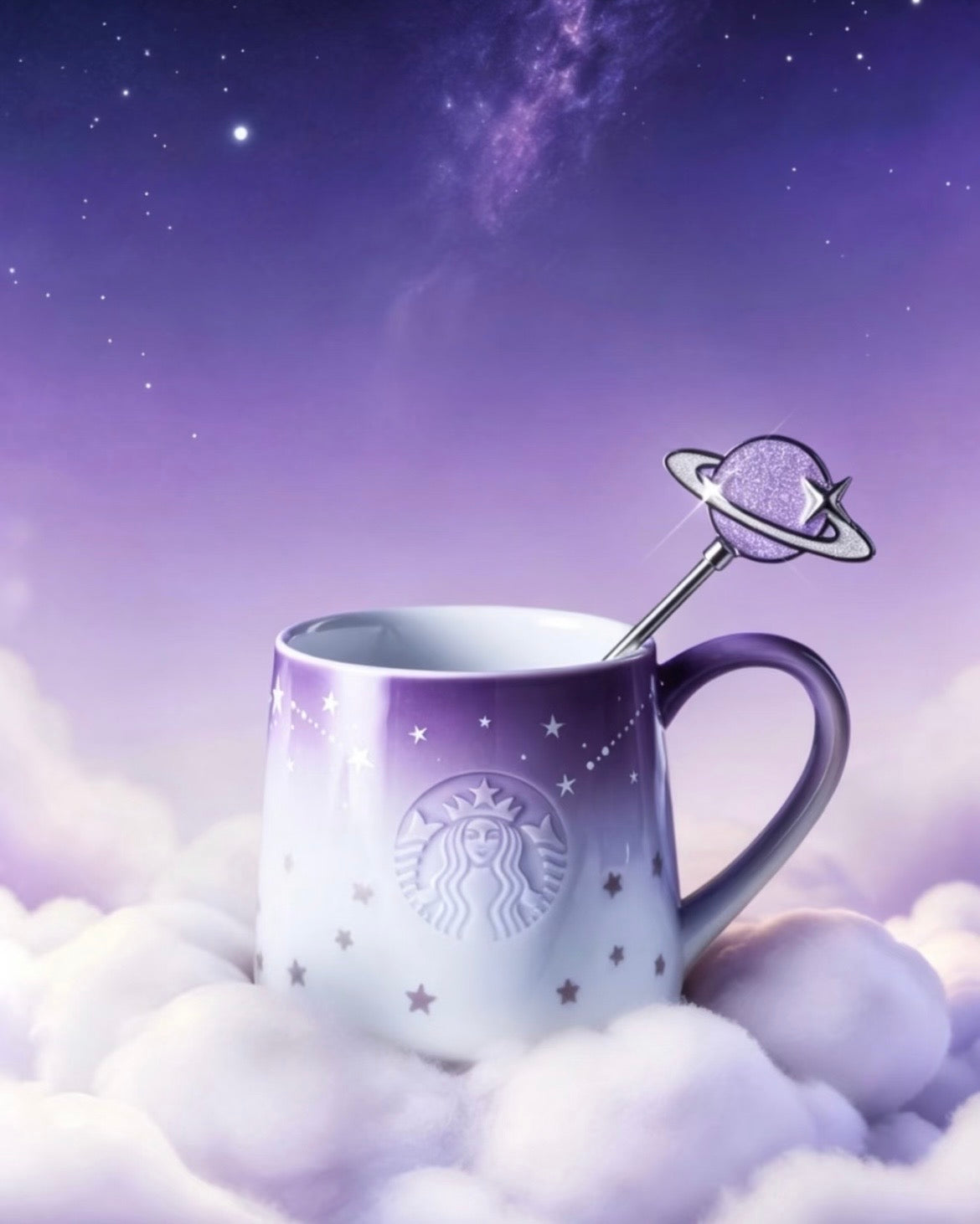 Starbucks China Violet Night Galaxy Jingdezhen Fine Porcelain Mug 12.5oz with Stirrer