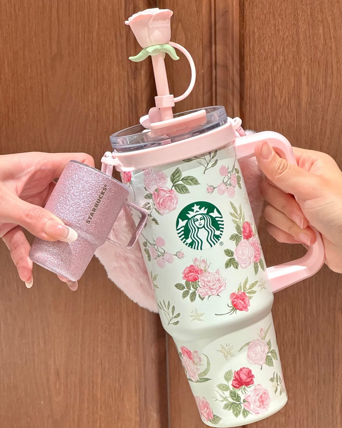 Starbucks China Rose GardenSeries Stainless Steel Cup 31oz with Dual-Opening Lid & Cup Charm