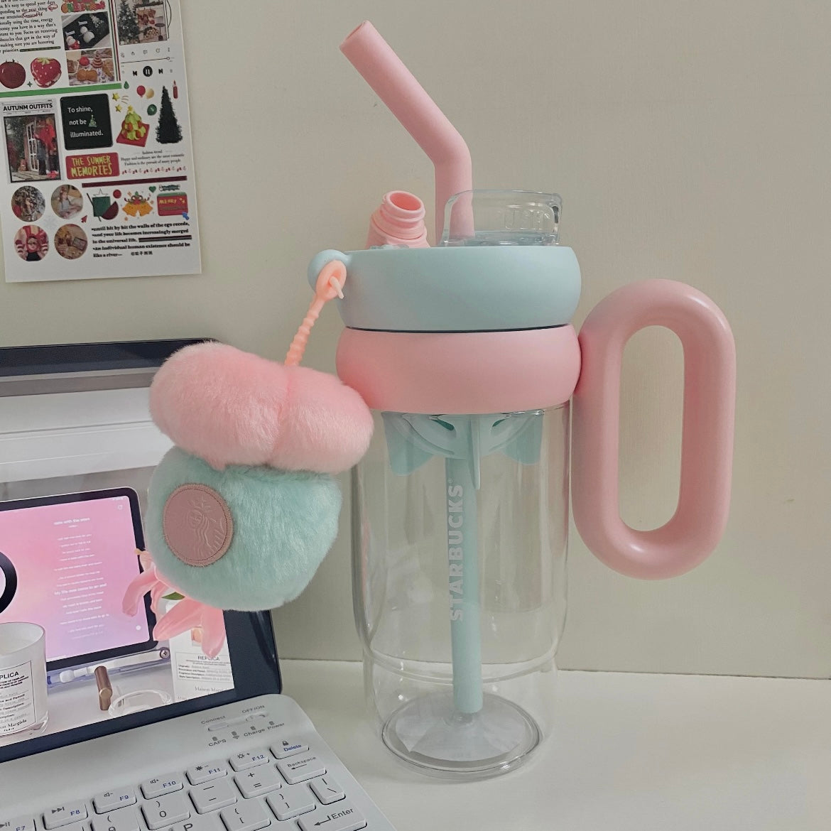Starbucks China Summer Succulent 32oz Plastic Straw Cup With Keychain Charm