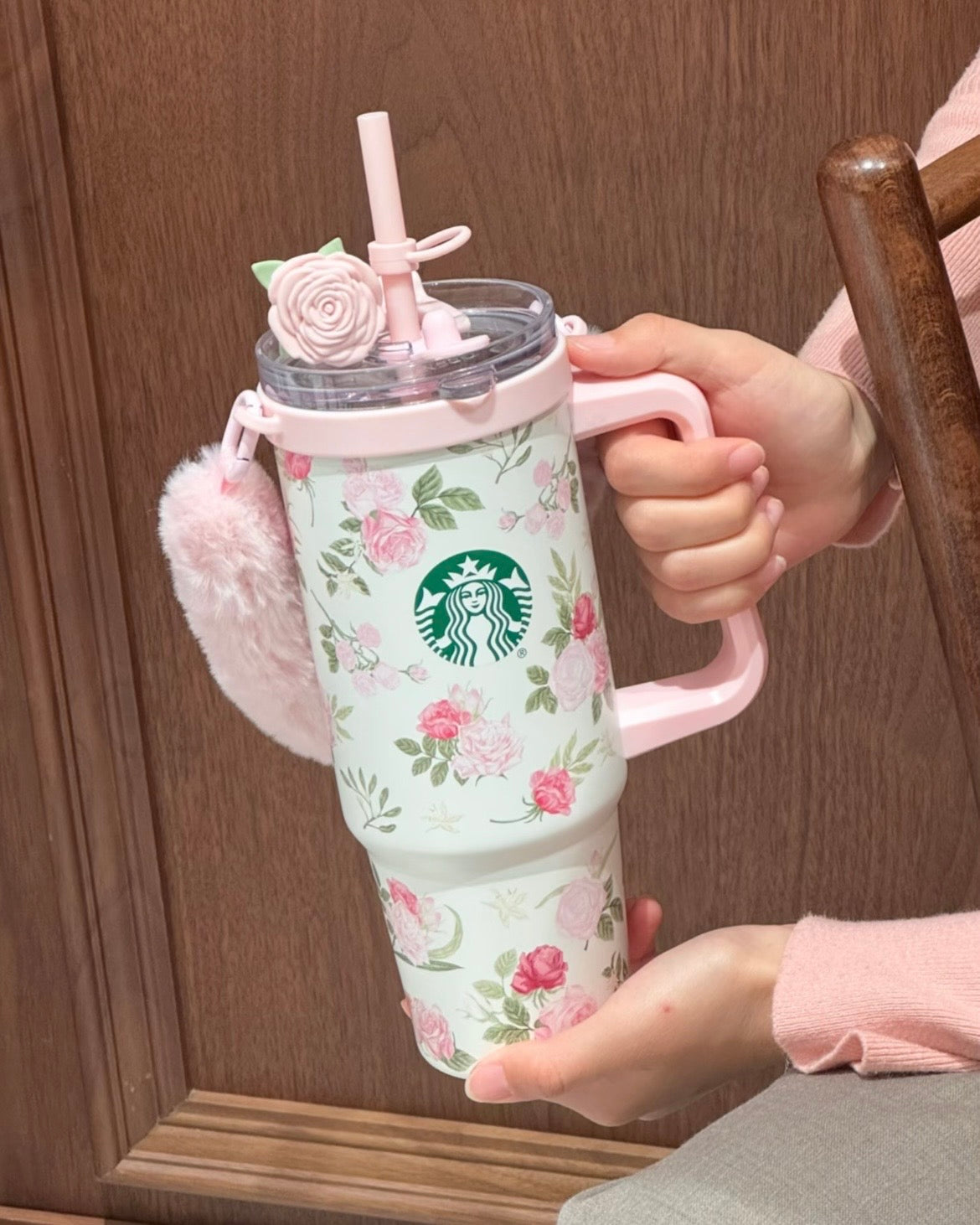 Starbucks China Rose GardenSeries Stainless Steel Cup 31oz with Dual-Opening Lid & Cup Charm
