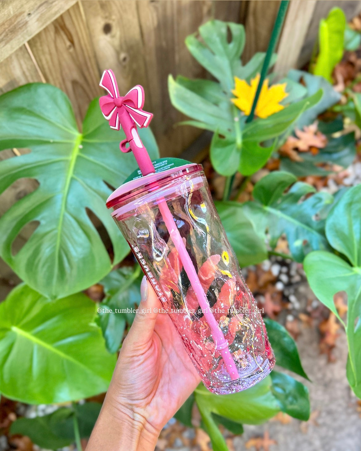 Starbucks Holiday Pink Snow Glass Tumbler with Bow Topper 18oz (READY TO SHIP)