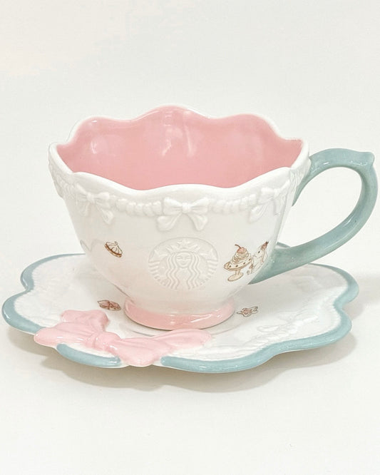 Starbucks China 2026 Summer Dessert Party Series 9.15oz Embossed Bow Mug and Saucer Set