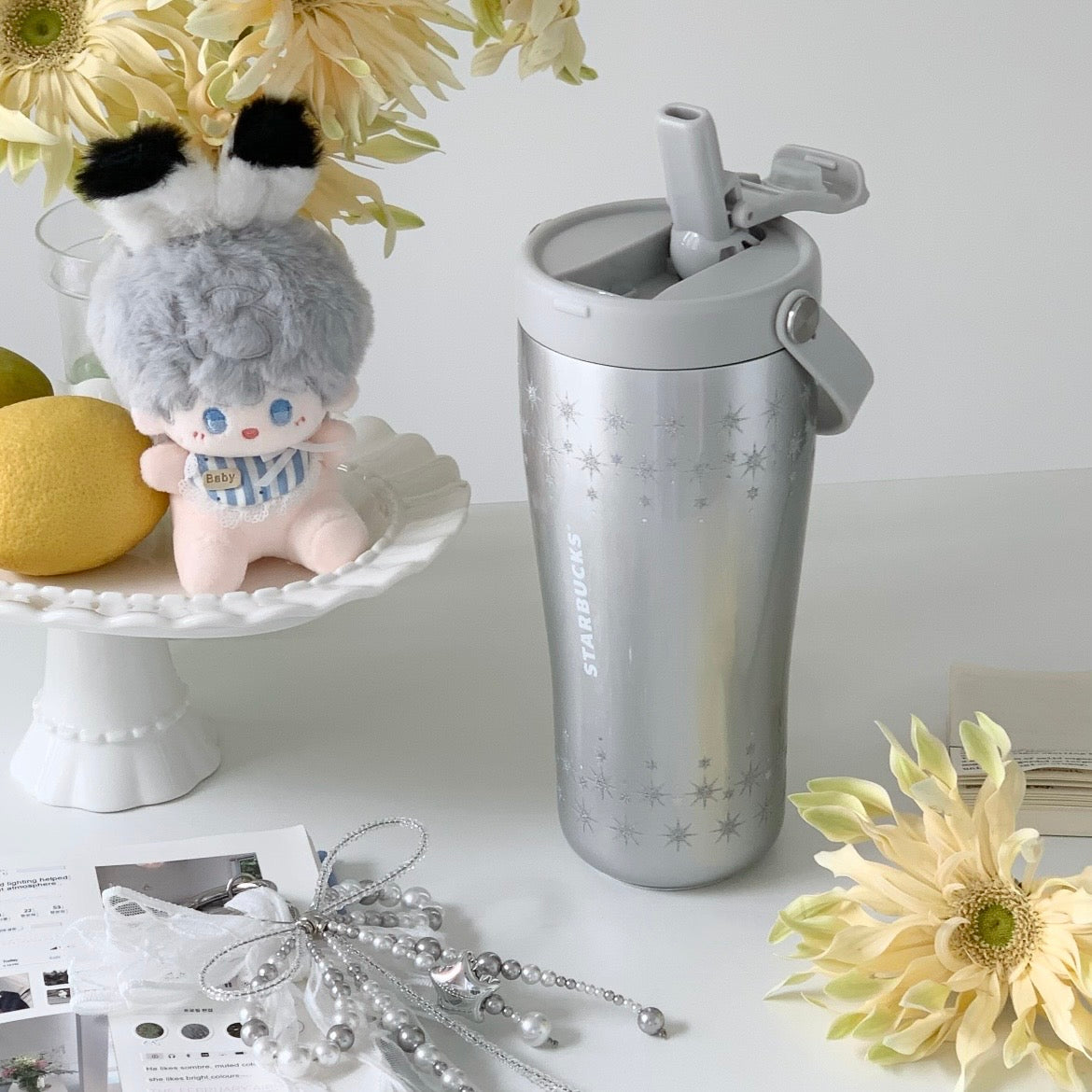 Starbucks China Violet Night Galaxy 21oz Sparkling Lace Silver Handle Stainless Steel Cup