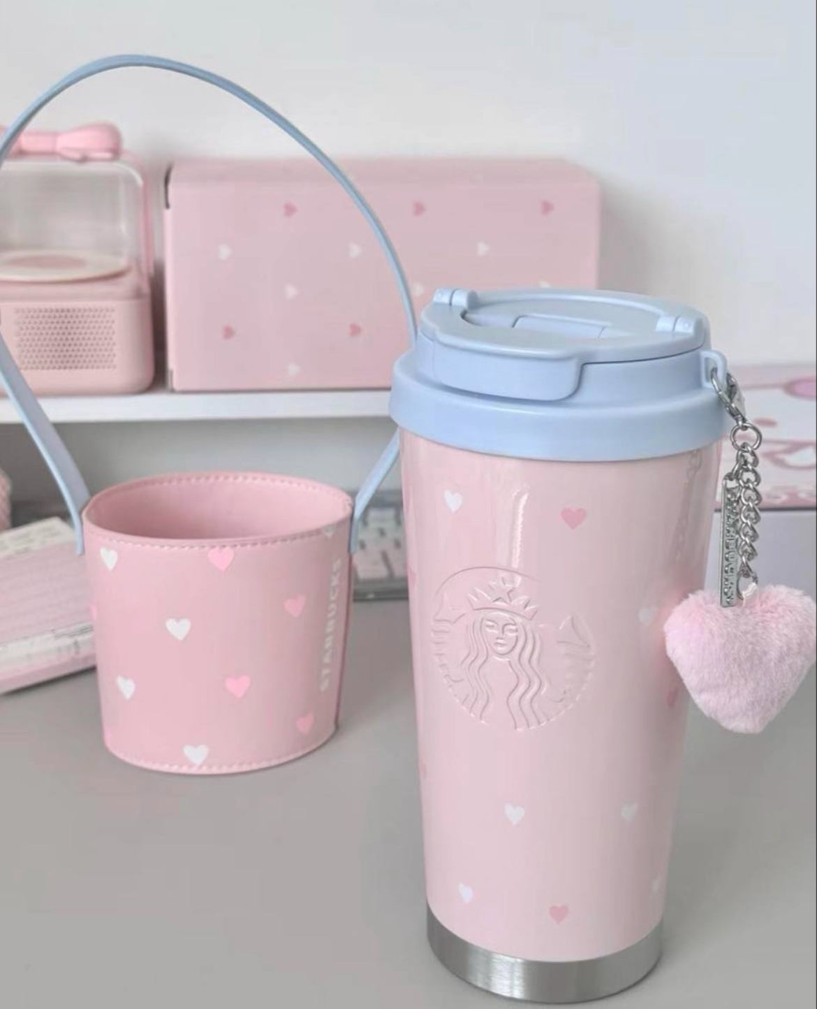 Starbucks China Pink 16oz Stainless Steel Tumbler Cup Sleeve Strap Heart Charm (Ready to ship)