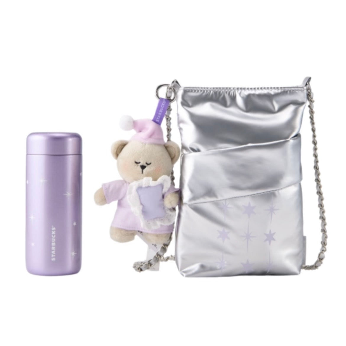 Starbucks China Violet Night Galaxy 7oz Stainless Steel Bottle With Bag and Bear Plushie