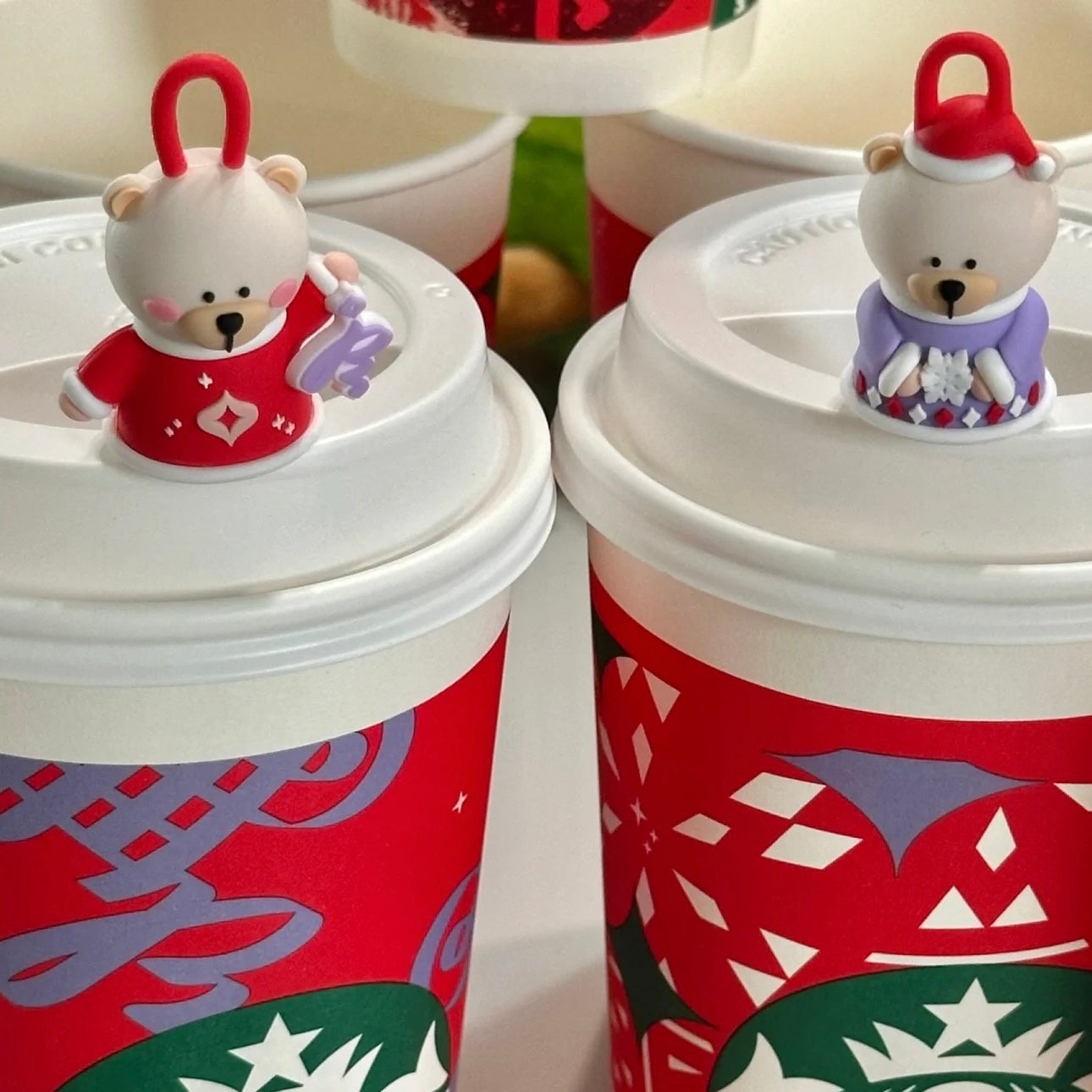 Starbucks China Set of 4 Christmas Bear Coffee Cup Stoppers