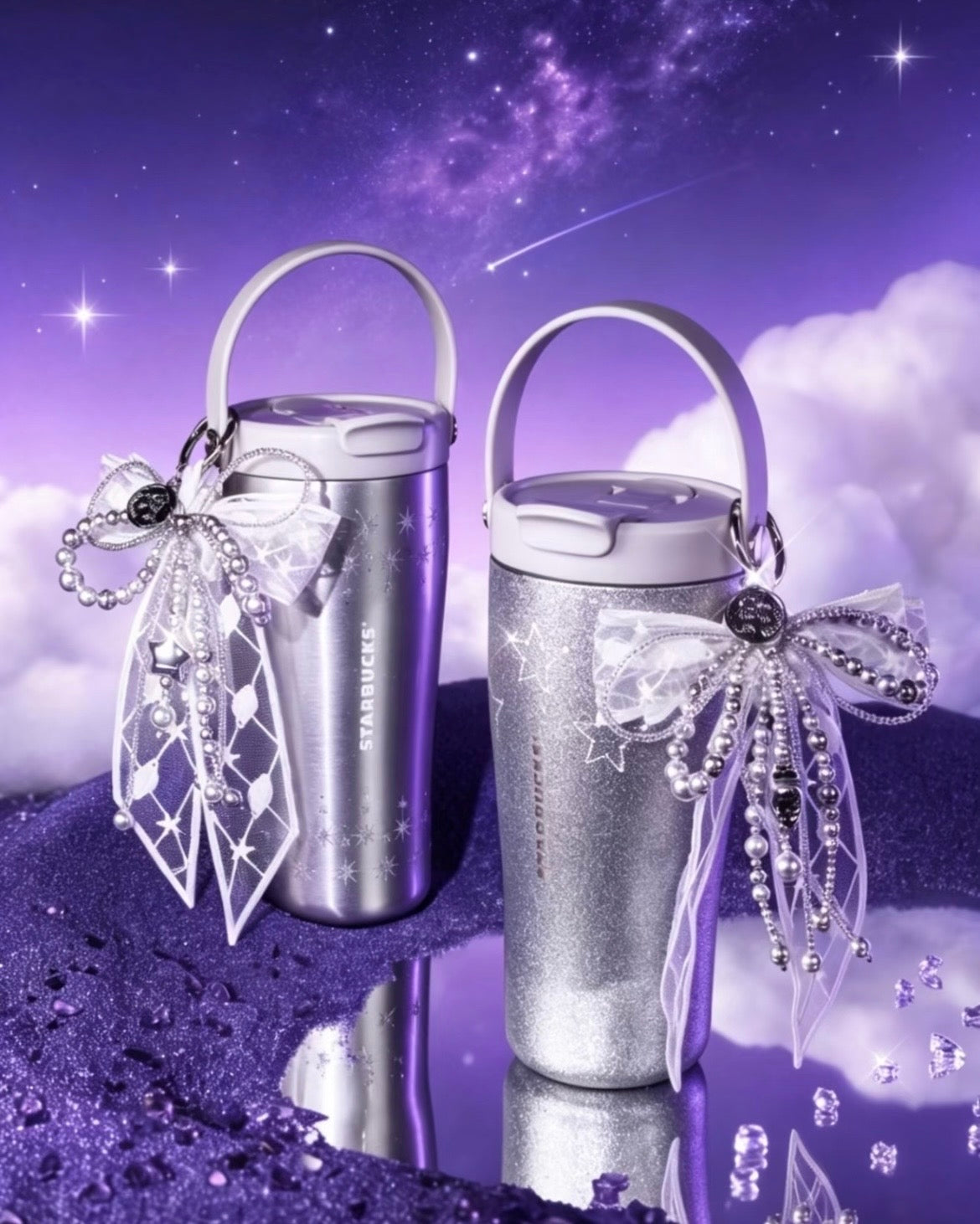 Starbucks China Violet Night Galaxy 21oz Sparkling Lace Silver Handle Stainless Steel Cup